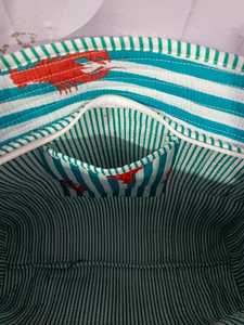 Coastal Lobster Print Quilted Zipper Lightweight Turquoise Striped Cotton <b>Beach</b> Nautical Pattern Shoulder Tote <b>Bag</b> Handcrafted - Product Image 3