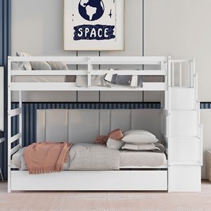 Letti a castello bianchi con due letti singoli, letto estraibile e funzione di contenimento sotto la scala per bambini - Product Image 2