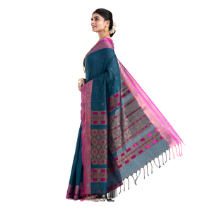 Sari de Seda y Algodón con Patrón Geométrico Crema y Borde Gris, Tejido Habotai, para Mujer, Peso Medio, 58/60 Pulgadas - Product Image 3