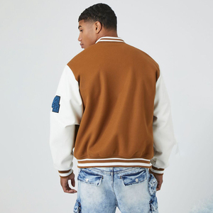 <b>Jacket</b> for Wool <b>Brown</b> Cream Real <b>Leather</b> Arms Baseball Letterman College Varsity <b>Jacket</b> Bomber <b>Jacket</b> Women - Product Image 5