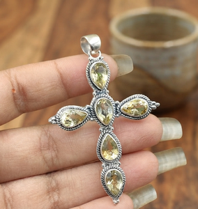 925 Sterling Silver Natural Citrine Cross Pendant Handmade Vintage Religious Jewelry Rose Gold Yellow Gold Plated Unisex Gift - Product Image 3