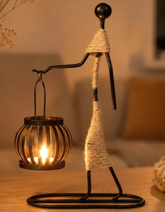 Nordic Ethnic Style Black Iron Human Statue Candle Stand – Vintage Jute Rope Wrapped African Figurine <b>Tealight</b> <b>Lantern</b> Holder - Product Image 5