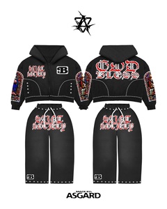 Black Red Saint Society God Bless <b>Studded</b> Zip Up Hoodie & Pants Set | Oversized Streetwear Tracksuit | OEM Private Label - Product Image 1