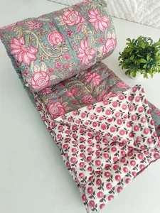 Edredón Queen de Algodón 100% Suave con Estampado Floral Hecho a Mano, Manta de Invierno Cálida y Transpirable Jaipuri Razai, Razai Tradicional Indio - Product Image 6
