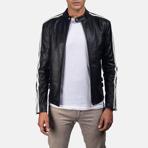 Blouson classique en cuir noir style Cafe Racer personnalisé avec bandes sur les épaules et fermeture éclair frontale – Vêtements d'extérieur en gros pour hommes – Marques USA - Product Image 1