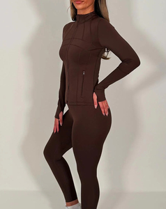 Women's Brown Full Length Yoga Set With Zipper Closure High Waist Leggings And Long Sleeve <b>Top</b> <b>Sweat</b> Wicking Spandex Polyester - Product Image 5