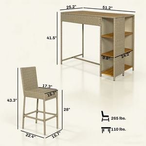 Set da Esterno in Legno di Acacia con Tavolo Alto e Sedie, 5 Pezzi in Vimini con 3 Ripiani e Cuscini Marroni - Product Image 3