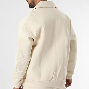 <b>Men's</b> <b>Cream</b> PU Bomber Jacket Embossed Floral Design Turn-down Collar Zipper Closure Casual Autumn Wear - Product Image 6