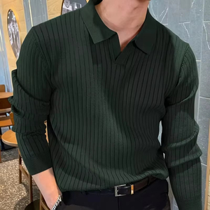 Mens Premium Ribbed Knit <b>Polo</b> Shirt Long Sleeve Slim Fit Buttonless V <b>Neck</b> Solid Color Textured Casual Men Pullover <b>Sweaters</b> - Product Image 1