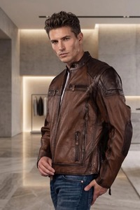 Chaqueta de Cuero Genuino de Cordero Marrón para Hombre, 2 en 1, Estilo Motero con Mangas Desmontables - Product Image 4