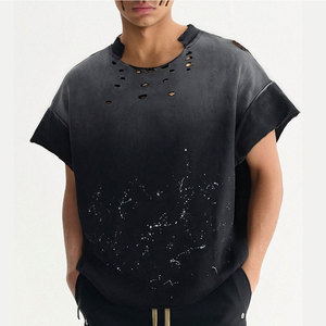 Men's Oversized Black Cotton T-Shirt With <b>Distressed</b> Holes And Splatter Print Street Style O-Neck Short Sleeve Jersey <b>Top</b> - Product Image 1