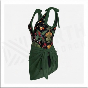 Women's Tropical Print Swimdress Deep V Neck Asymmetric Wrap Skirt Stretch Bodysuit Floral Pattern Green - Product Image 3