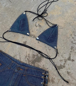 Ensemble jupe en jean pour femme, deux pièces, coton premium, denim délavé, marque privée, mode féminine sur mesure - Product Image 4