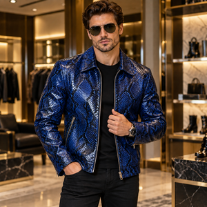 Chaqueta de Cuero Genuino para Hombre, Negra, con Relieve, de Piel de Vaca, Transpirable, de Invierno, de Lujo, con Cuello Alto y Cierre, Estilo Motero, Forro de Seda - Product Image 1