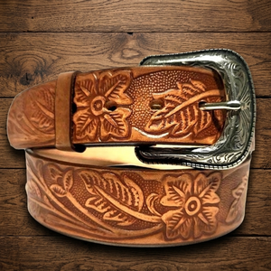New Arrival Tan Brown Original Cow Leather <b>Western</b> Hand Tooling <b>Belt</b> with Floral Carving and Antique Brass Single Prong Buckle - Product Image 2