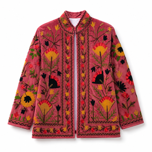 Chaqueta de Mujer Roja de Lujo con Bordado Floral Multicolor Estilo Bohemio Étnico, Abrigo de Diseñador de Boutique, Venta al Por Mayor - Product Image 1