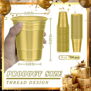 Confezione da 100 Bicchieri Monouso in Plastica Dorata Resistente da 16 oz per Feste, Matrimoni, Compleanni, Lauree, Bicchierini, 100% Plastica, 100% Riciclabile - Product Image 3