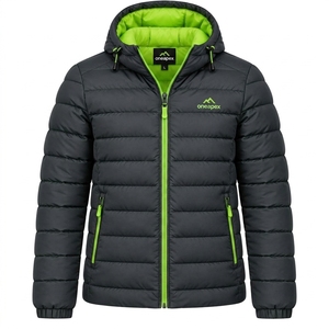 Veste matelassée d'hiver pour homme Custom One Apex, noire avec fermeture éclair verte, à capuche, légère et chaude, rembourrée en duvet - Product Image 3