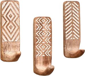 Ganchos de Pared de Madera Tallada con Adhesivo, Diseño Tribal, Decorativos, Acabado Natural, para Almacenamiento en el Hogar - Product Image 1