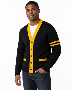 Cardigan en tricot noir et jaune à col en V pour homme, manches longues, boutons sur le devant, style décontracté universitaire, marque privée, vente en gros - Product Image 1