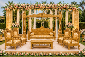 ชุดโซฟาไม้สักแกะสลักด้วยมือแบบมหาราชา สำหรับงานเมห์นดีและงานแต่งงาน เก้าอี้โซฟาหรูหรา ปรับแต่งขนาดและสีได้ - Product Image 3