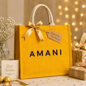 Sac de shopping en jute Amani, moyen, jaune, imprimé lettres, avec poignées en corde, idéal pour la plage, les mariages, les courses et l'usage quotidien - Product Image 6