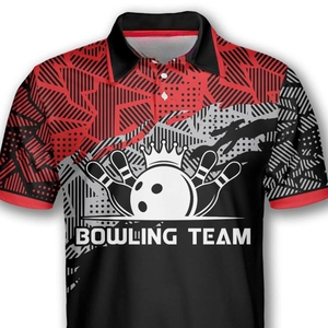 Camiseta Deportiva Personalizada para Equipo de Boliche, Diseño Rojo y Negro con Estampado Completo, Manga Corta, Cuello Camisero, Unisex para Adultos - Product Image 4
