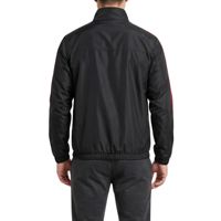 Veste coupe-vent en toile à rayures noires et rouges sur la poitrine, design athlétique minimaliste, coupe-vent léger, entraînement, course à pied, décontracté