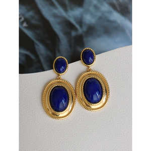 ต่างหูแบบติดหูดีไซน์หรูหราสไตล์ฮ่องกงย้อนยุค ประดับด้วยลาพิส ลาซูลีแท้ ชุบเงิน ของขวัญสำหรับผู้หญิง เหมาะสำหรับงานปาร์ตี้ - Product Image 2