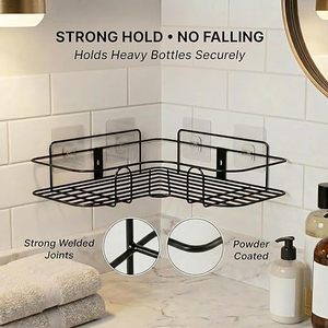 Corner Wall Mounted <b>Metal</b> Storage Rack Double Tier Self <b>Adhesive</b> Bathroom Organizer Minimalist Style - Product Image 4