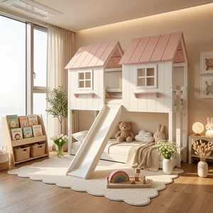 Scandinavian Convertible Wooden <b>Bunk</b> <b>Bed</b> <b>with</b> <b>Slide</b> Eco-friendly Linen Upholstery Twin Size for Kids Bedroom Furniture - Product Image 2