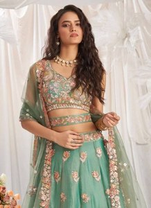 <b>Green</b> Fandy SILK Lehenga Choli Set Zari Sequin Floral Embroidered Evening Dress <b>Net</b> Dupatta for Wedding Party - Product Image 4