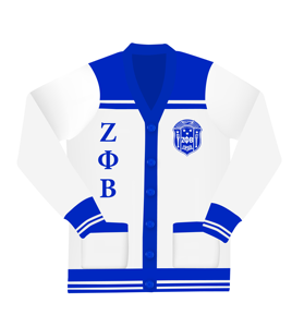 เสื้อคาร์ดิแกนปักลาย New Zeta Phi Beta คอวี สำหรับชมรมนักเรียนชายหญิง แขนยาว สีน้ำเงินขาว ลายตัวอักษร ทรงปกติ - Product Image 1