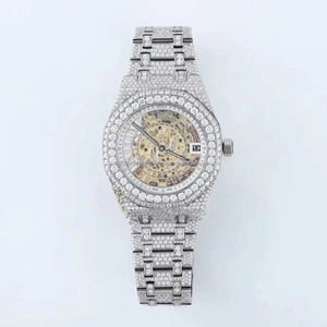 Montre de luxe à cadran squelette en quartz glacé avec chiffres arabes, lunette sertie de diamants, bracelet en acier inoxydable, fermoir, résistante à l'eau - Product Image 1