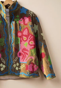 Blouson bomber en velours Suzani fait main, réversible, vintage, bohème, court, coloré, à motifs floraux brodés, automne-hiver, en coton - Product Image 5