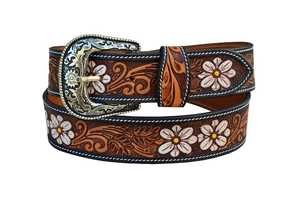Hand Tooled Genuine <b>Western</b> Leather <b>Belt</b> With Floral Embroidery Alloy Pin Buckle Vintage Style Durable Luxury Feel - Product Image 2
