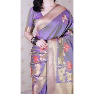 Sari en soie douce gris lavande, robes de soirée avec des tissages Kamdhenu et des tissages Zari pour femmes - Product Image 5