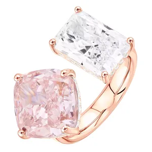 Luxury IGI Certified Silver <b>Two</b> <b>Stone</b> Cushion Cut Eternity Band <b>Ring</b> Pink Crystal Engagement Anniversary Wedding Party Statement - Product Image 1
