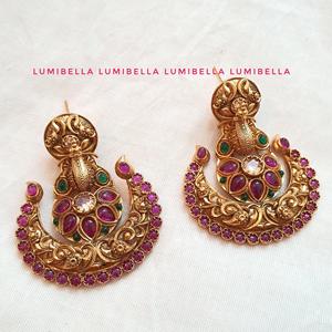 Rose Gold Peacock Chandbali Drop Earrings with Pearl and Ruby Kemp Embellishment - Product Image 1