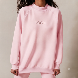 Women's Pink Mock Neck Streetwear Sweatshirt Front Embroidered Logo Regular Fit Full Sleeve Knitted Cotton Autumn Casual Top - Product Image 1