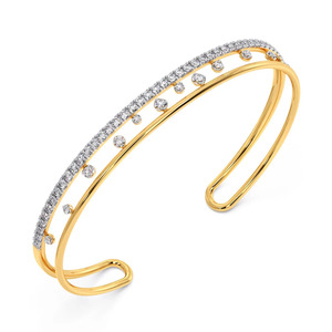 Floating Line Diamond Cuff Bracelet with Yellow Gold Open <b>Frame</b> and <b>Graduated</b> Sparkle Design - Product Image 2