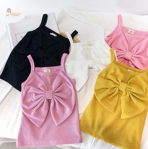 เสื้อกล้ามเด็กผู้หญิงวินเทจลายเรียบแบบผูกโบว์ด้านหน้าสำหรับฤดูใบไม้ร่วง สายเดี่ยวแบบสปาเก็ตตี้  เสื้อครอปแบบเวสต์เด็กผู้หญิง - Product Image 1