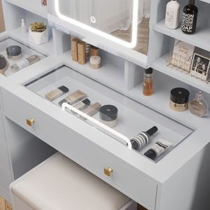 FCH Ensemble de coiffeuse à 5 tiroirs Dessus en verre trempé Panneau de particules dénoyautées Revêtement triamine Trois tons Gradation LED Vanités de maquillage - Product Image 6
