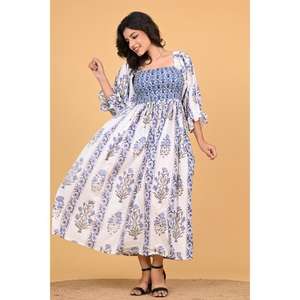 Robe longue maxi indienne 100 % coton imprimée au bloc, style bohème smocké, pour femme, motif floral, idéale pour l'été et l'automne, tenue de soirée - Product Image 1
