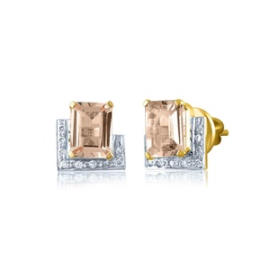18K Yellow Gold Rectangular Peach Gemstone Stud <b>Earrings</b> Lab Grown Diamond Accent <b>Fine</b> Jewelry for Women - Product Image 1