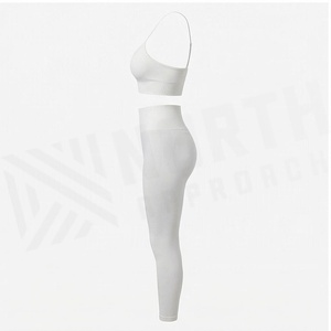 Ensemble de yoga 2 pièces blanc sans couture, haut court et legging taille haute longueur intégrale en Spandex et Polyester, vêtements de sport pour femme - Product Image 3