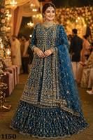 Lehenga Choli brodé bleu avec ensemble de bijoux dorés, col en V, longueur standard, tenue indo-occidentale pour marié