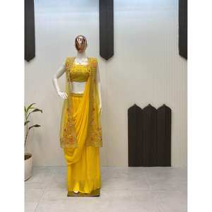 Conjunto de Sari y Koti Elegante para Mujer, Bordado, Estilo Fiesta - Product Image 1