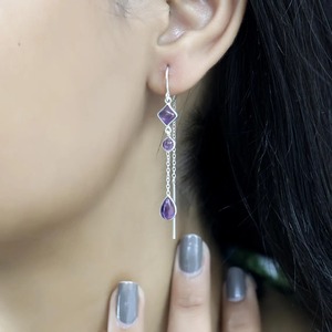 Natural Amethyst Cabochon 925 <b>Sterling</b> <b>Silver</b> Rhodium Plated Handmade Vintage Christian Wedding Threader Bezel <b>Set</b> Women - Product Image 2