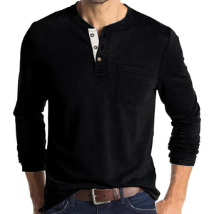 Camisa Henley de manga larga para hombre, camiseta informal de mezcla de algodón con bolsillo en el pecho, jersey básico con cuello con botones para otoño y todo el año - Product Image 1
